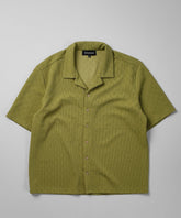 Jacquard Textured Knit Short Sleeve Button Down Shirt - Olive Green